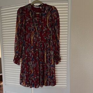 Casual Burgundy Paisley Long-Sleeve Mini Dress